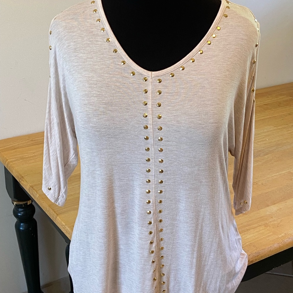 Belldini Beige / Cream with Gold Studs V-Neck Cold Shoulder Women's Top / Blouse